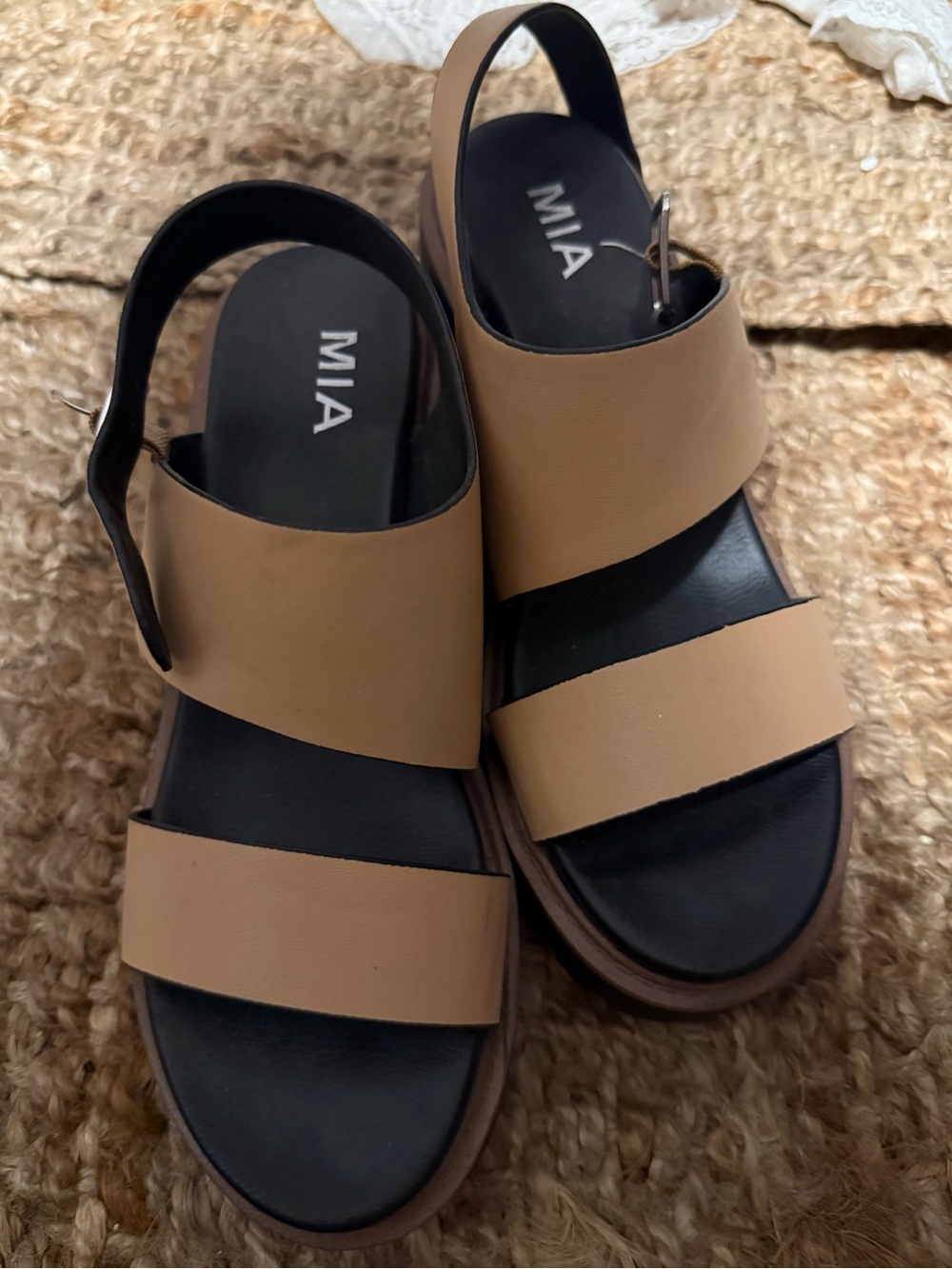 MIA Two-Strap Slingback Sandals in Tan and Black